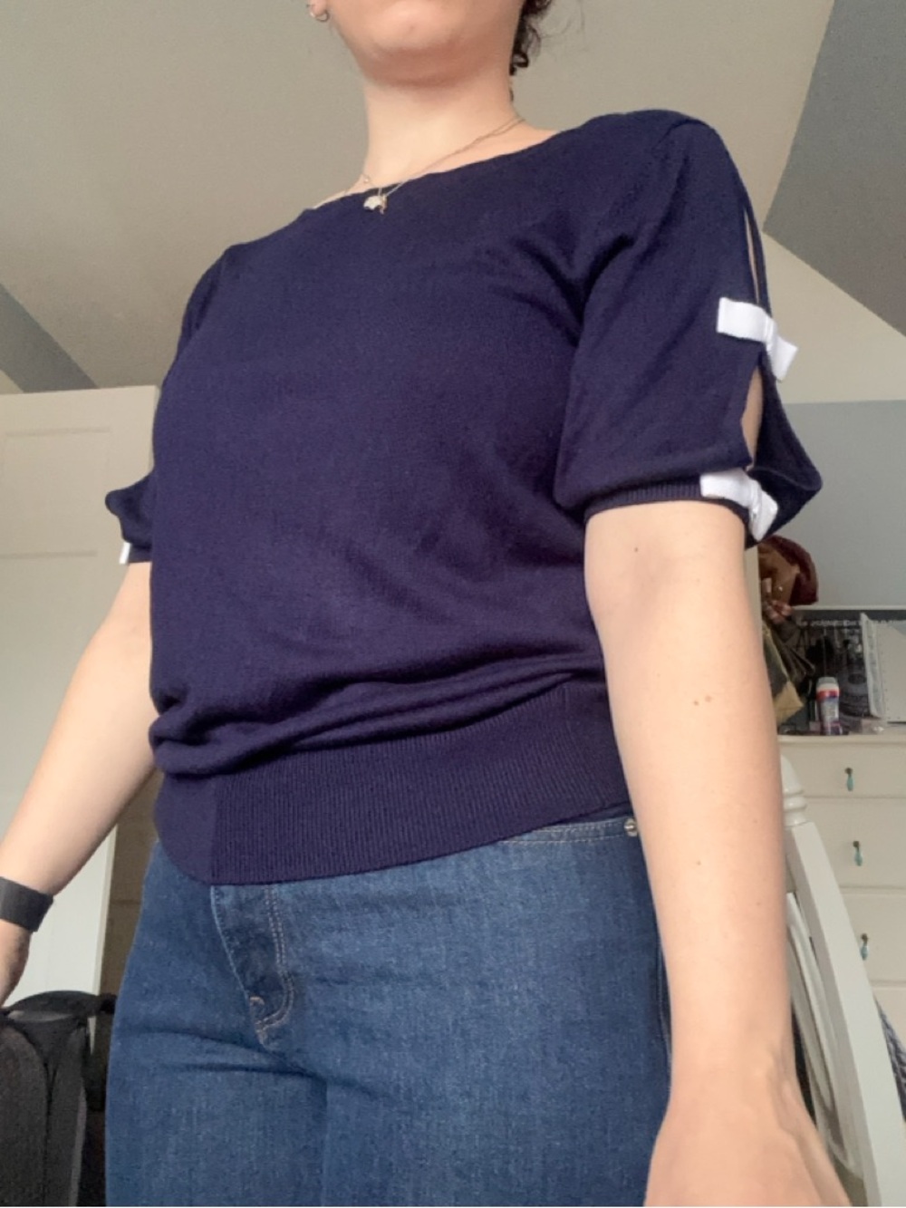 Duffield Lane Navy Knit Pullover with Contrast Collar